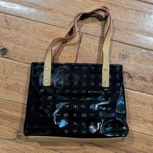 Arcadia Small Satchel Black and Tan Patent Leather Monogram Women's Tote Bag